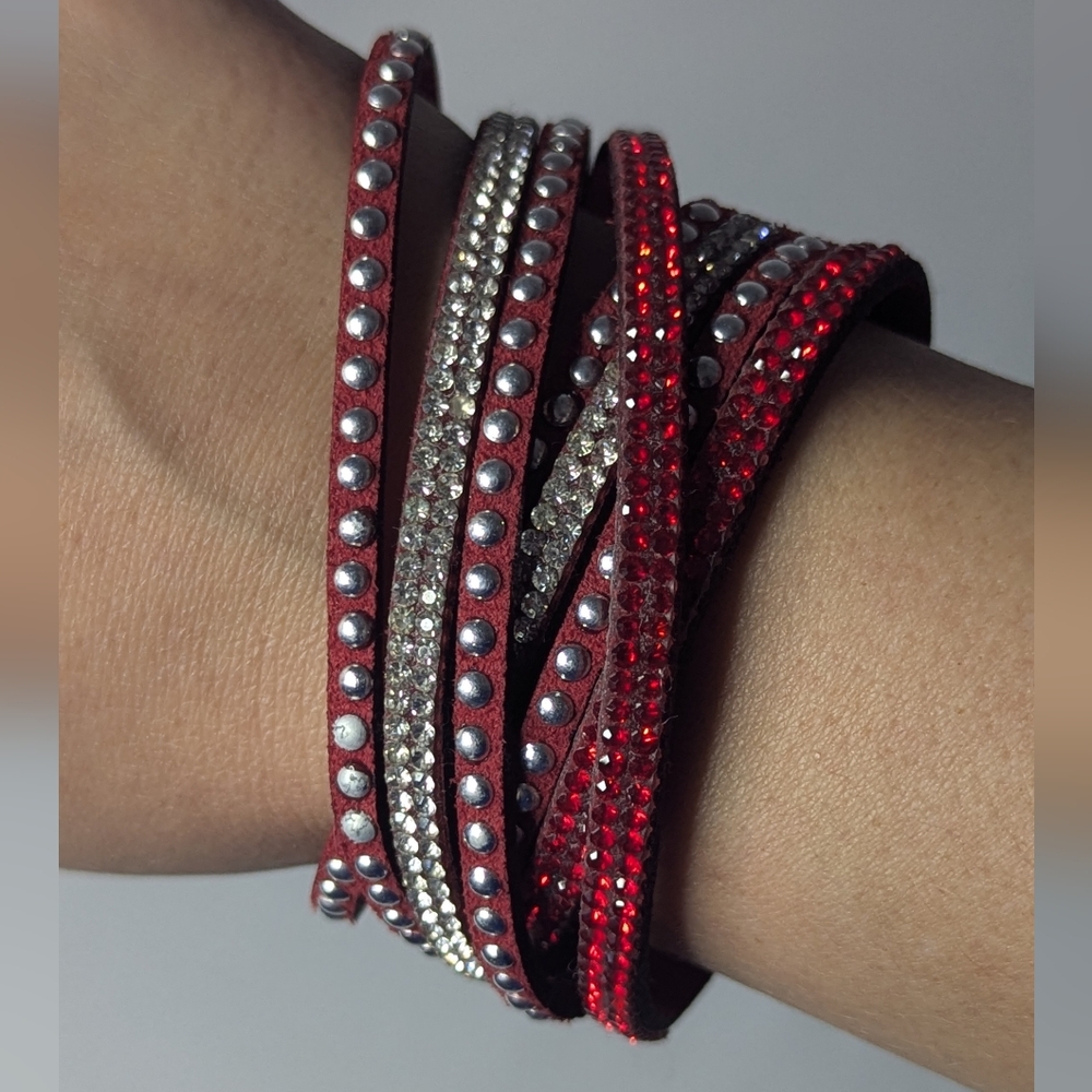 3 for $25 | bracelet, leather strap, red, rhinestone